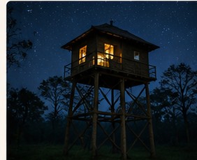 Tower night stay in the jungle under a starry sky