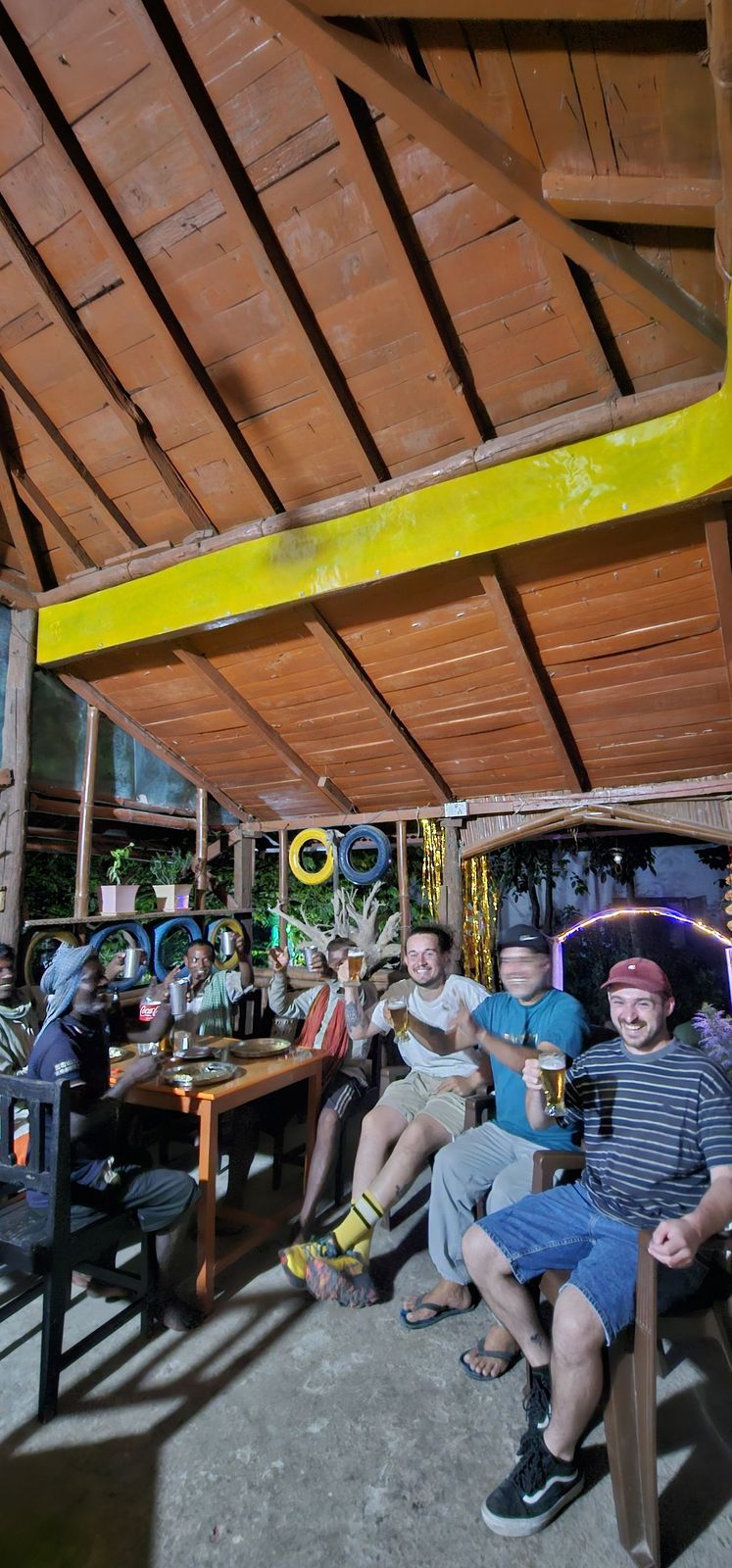 Travelers relaxing together at the restaurant